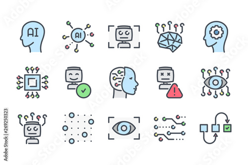 Artificial Intelligence related color line icon set. Technology and robot machine colorful linear icons. Algorithm and AI flat color outline vector signs and symbols collection.
