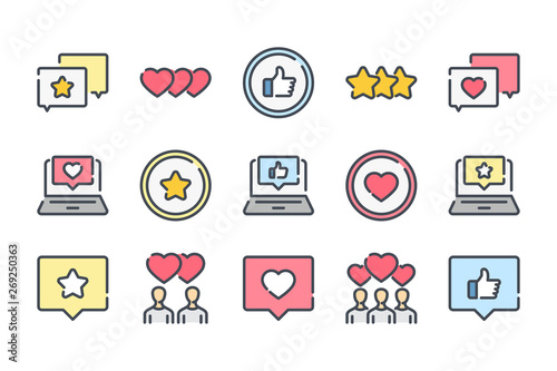 Testimonials related color line icon set. Feedback colorful linear icons. Review and survey flat color outline vector sign collection.