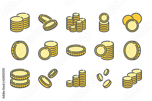 Stack of coins related color line icon set. Coin colorful linear icons. Money and currency flat color outline vector sign collection.