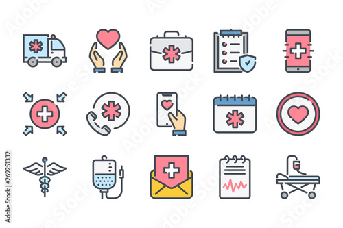 Healthcare related color line icon set. Emergency colorful linear icons. Hospital and medical care flat color  outline vector signs and symbols collection.