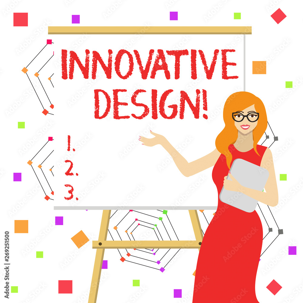Word writing text Innovative Design. Business photo showcasing application of better solutions that meet new requirements White Female in Glasses Standing by Blank Whiteboard on Stand Presentation Word writing text Innovative Design. Business photo showcasing application of better solutions that meet new requirements White Female in Glasses Standing by Blank Whiteboard on Stand Presentation