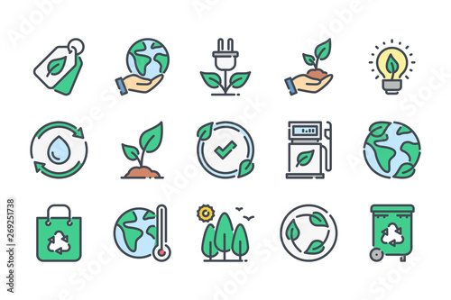 Environment related color line icon set. Ecology and nature colorful linear icons. Eco friendly flat color outline vector sign collection.