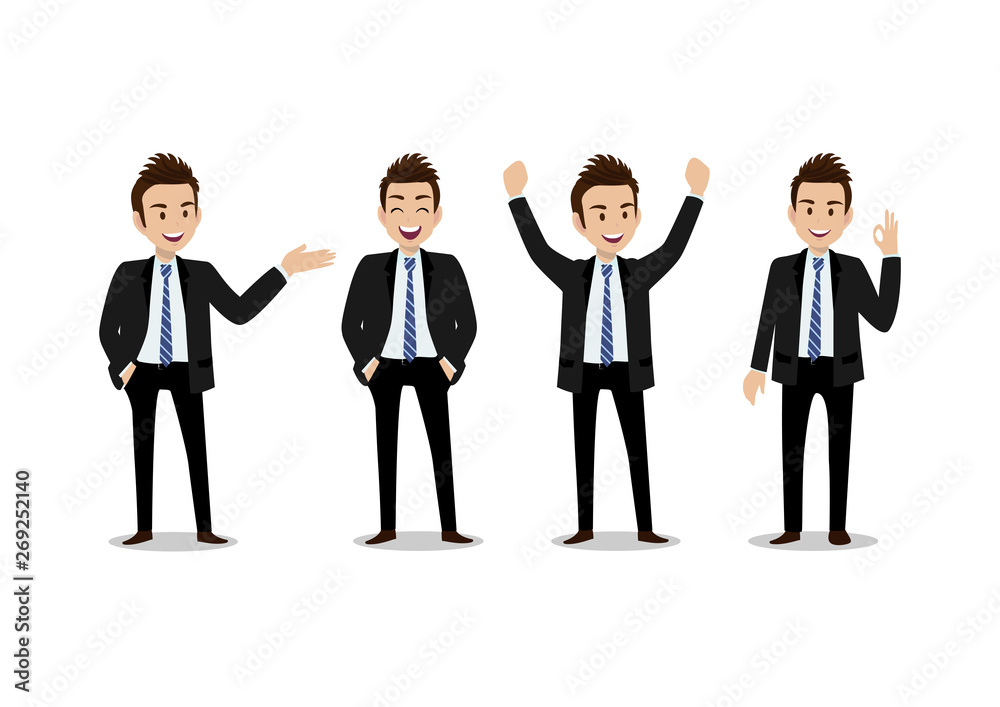 Businessman cartoon character, set of four poses. Handsome business man in office style smart suit . Vector illustration Businessman cartoon character, set of four poses. Handsome business man in office style smart suit . Vector illustration