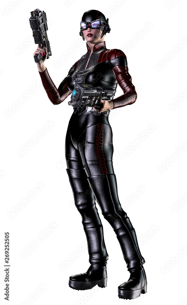 Futuristic woman warrior, armed with guns Futuristic woman warrior, armed with guns
