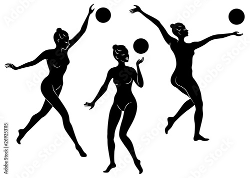 Collection. Silhouette of slender lady. Girl gymnast. The woman is flexible and graceful. She plays the ball. Graphic image. Vector illustration set