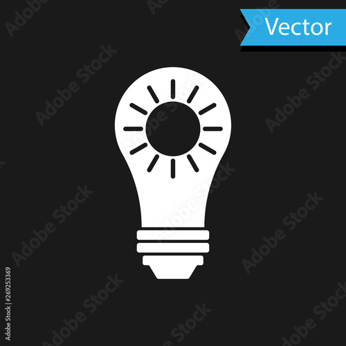 White Solar energy panel icon isolated on black background. Sun and light bulb. Vector Illustration