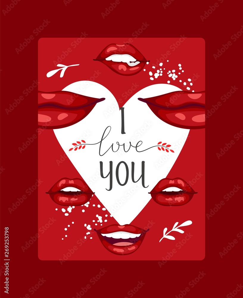 Lip vector pattern cartoon beautiful red lips in kiss or smile fashion  lipstick sexy mouth kissing lovely on valentines day illustration  background love heart backdrop poster Stock Vector | Adobe Stock