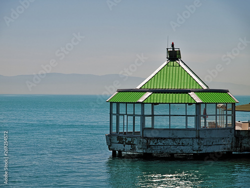 Kiosk with class windows on sea. Prince islands, Turkey.