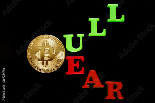 Bitcoin rising and falling in financial business market concept with stilized Bull and Bear words charts. photo