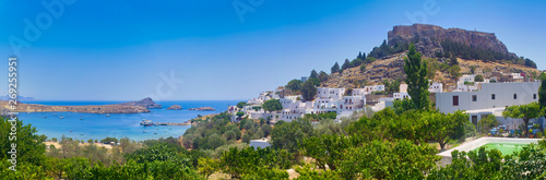 Greece trip in summer, panorama of Lindos city of Rhodes island, beautiful architecture of the city.