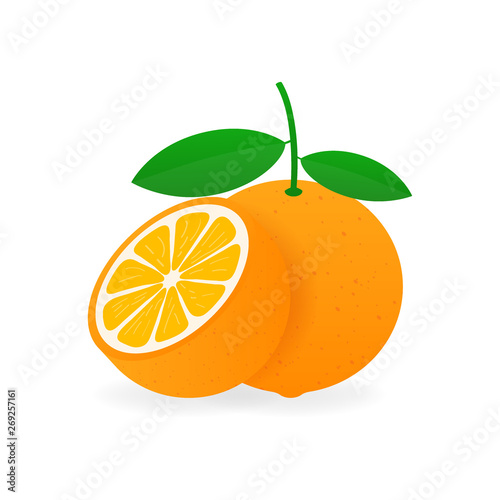Orange with leaves whole and slices of oranges. Vector stock illustration.
