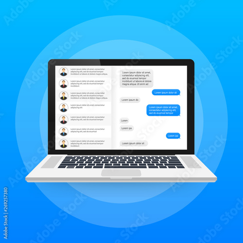 Social network concept. Blank template. Laptop with messenger application. Vector stock illustration.