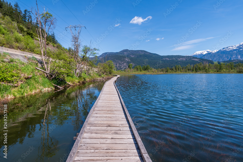 Fototapeta Widok na drewniany szlak w parku i jeziorze. Vancouver, Kanada.