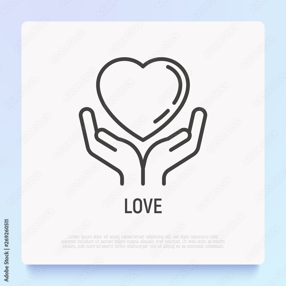 Heart in human hands thin line icon. Modern vector illustration of love, support, medical help or charity. Heart in human hands thin line icon. Modern vector illustration of love, support, medical help or charity.