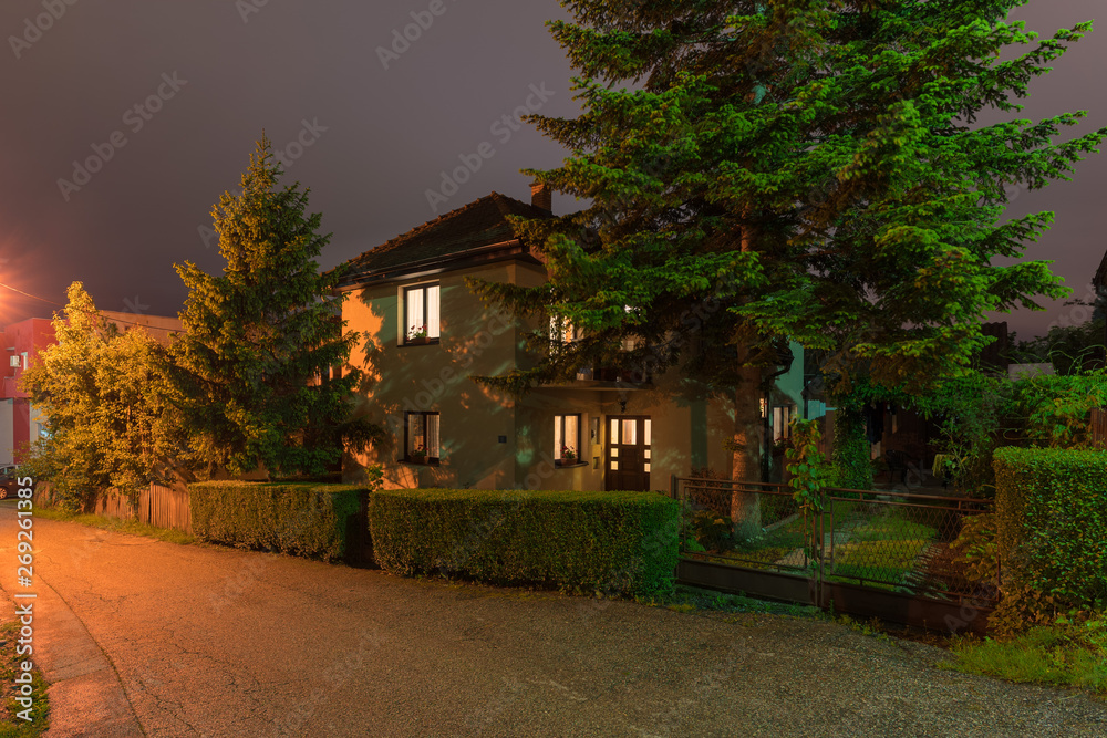 Small house in the countryside with a beautiful garden at night Small house in the countryside with a beautiful garden at night