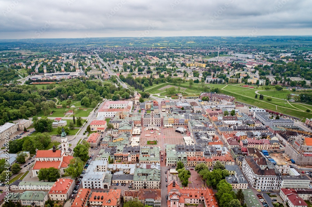 Aerial drone view on Zamosc old town and city main square with town hall