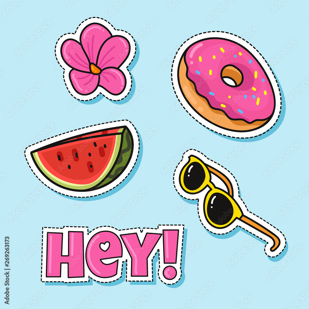 Fashion patch badge with watermelon, donut, flower, and glasses. Vector illustration for sticker, patch, and any fashion element