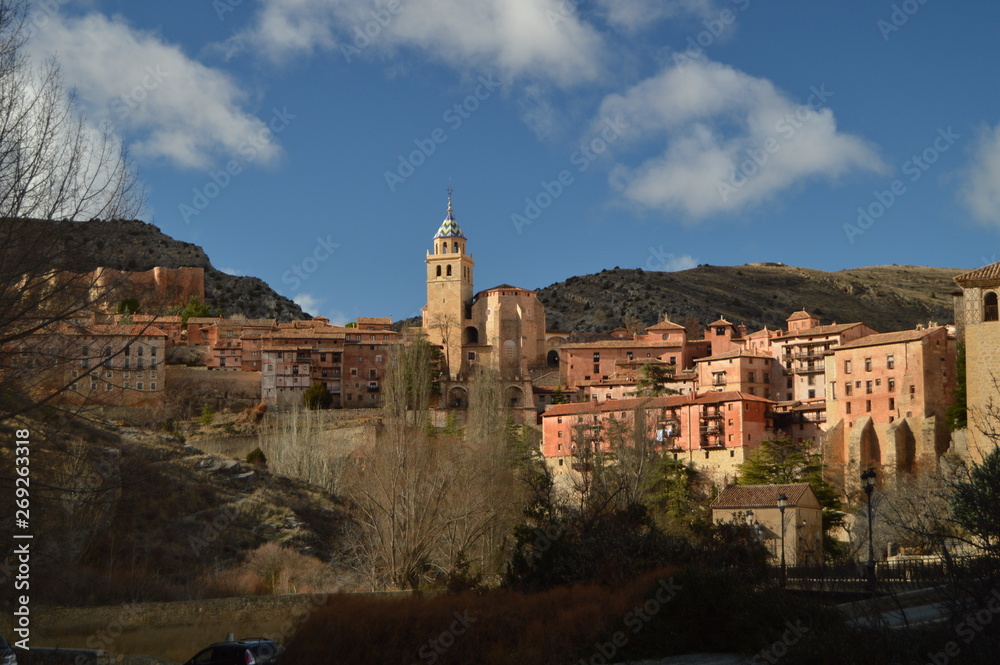 December 28, 2013. Albarracin, Teruel, Aragon, Spain. Views Of The Villa With The Savior Cathedral And Its Hanging Houses On A Mountain. History, Travel, Nature, Landscape, Vacation, Architecture.
