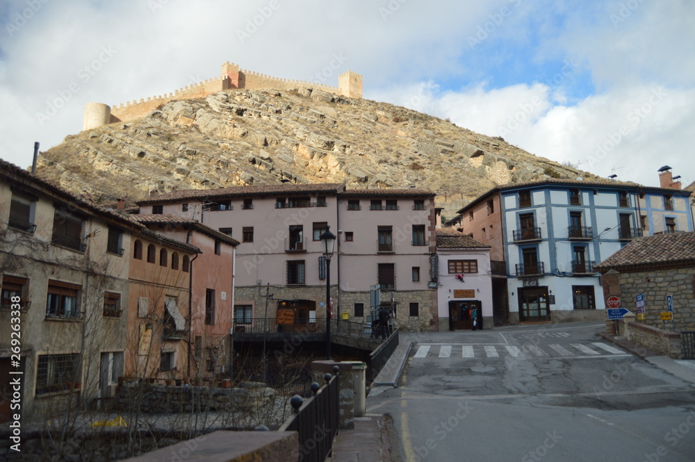 December 28, 2013. Albarracin, Teruel, Aragon, Spain. Medieval Villa Albarracin With Its Beautiful Alcazar Castle Seen From Below. History, Travel, Nature, Landscape, Vacation, Architecture.
