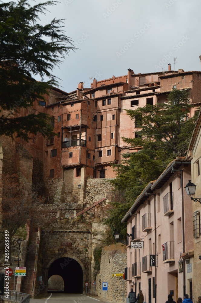 December 28, 2013. Albarracin, Teruel, Aragon, Spain. Medieval Villa Albarracin With Its Hanging Mountain Houses And Tunel. History, Travel, Nature, Landscape, Vacation, Architecture.