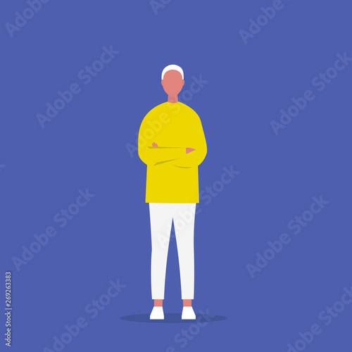 Young character standing with arms crossed. Body language. Passive aggressive behaviour. Dissatisfied. Emotions and gestures. Flat editable vector illustration, clip art