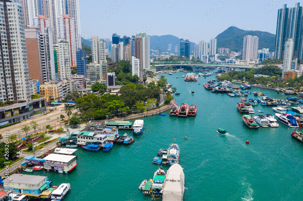 Top view of Hong Kong typhoon shelter with fishing harbor port