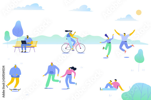 Leisure outdoor activities - riding bicycle  sitting on bench with laptop. Nature background with different people walking and have a rest outdoor in forest and park.  Cartoon  flat vector.