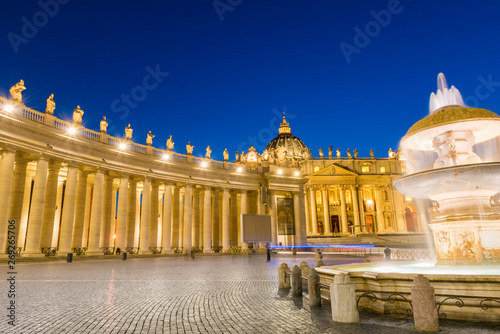 Architecture of the St. Peter's Square and Basilica illuminated at dusk, Vatican City