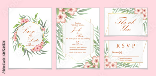 Wedding Invitation Set Red Geranium Flowers and Leaves with Golden Frame. Floral Save the Date, Thank You, and RSVP Template.