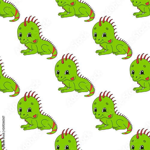 Happy iguana. Colored seamless pattern with cute cartoon character. Simple flat vector illustration isolated on white background. Design wallpaper  fabric  wrapping paper  covers  websites.