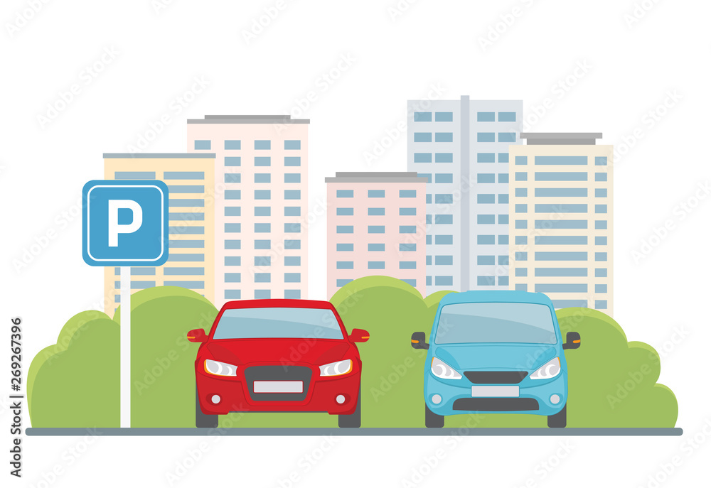 Parking lot with two cars on city background. Flat style, vector illustration. 