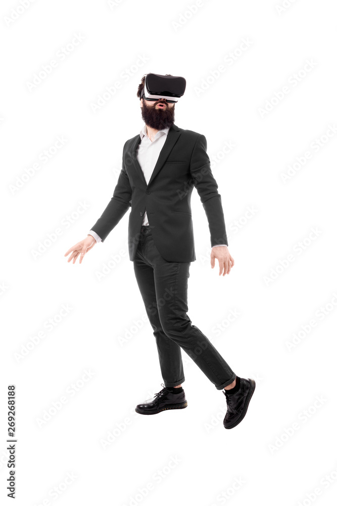 surprised bearded businessman in virtual reality glasses, isolated on white background surprised bearded businessman in virtual reality glasses, isolated on white background