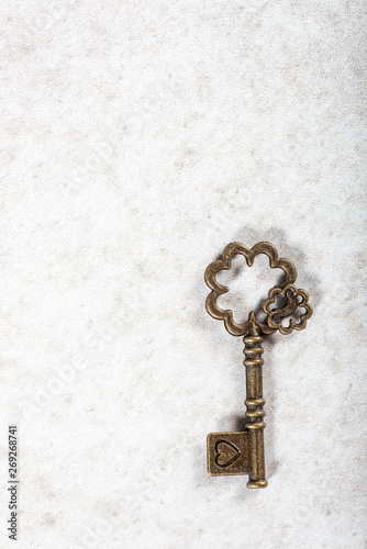 Decorative keys of different sizes and styles on grey background © manuta