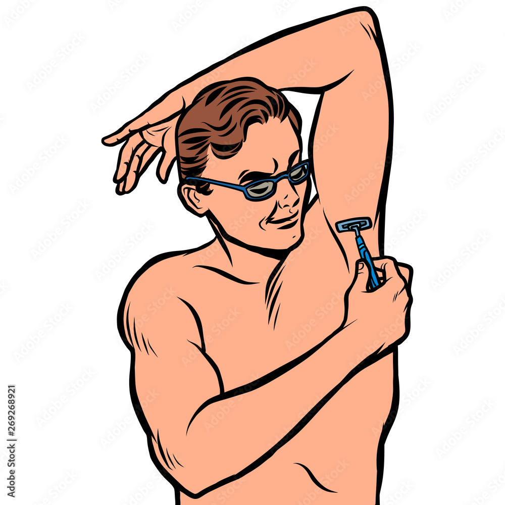 a man shaves his armpit with a razor. isolate on white background