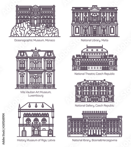 Set of line famous european culture buildings.
