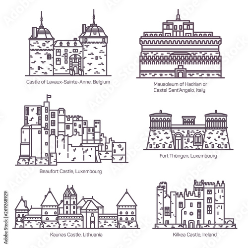 Medieval european castles and fortin thin line