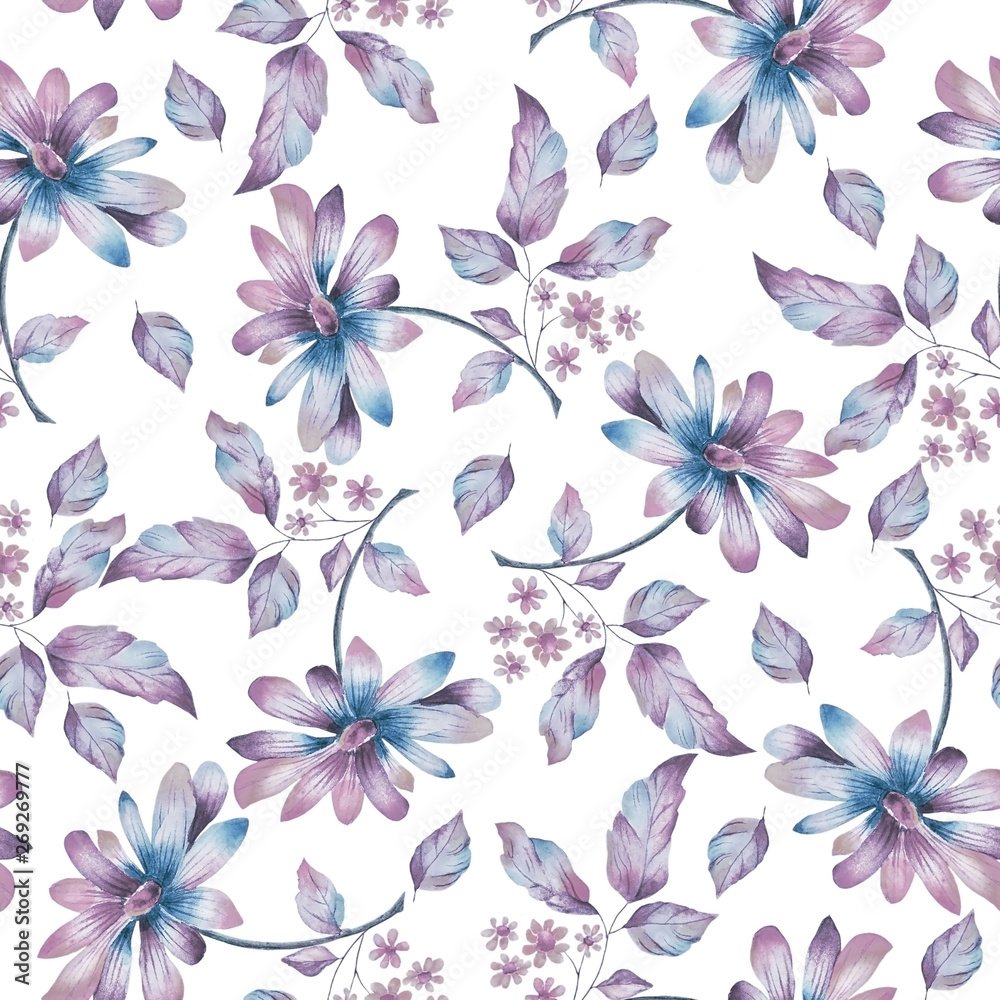 Watercolor seamless pattern with chamomile flowers and leaves, in blue and lilac shades, on a white background. Wedding invitations, greeting cards, prints, textile design and so on.