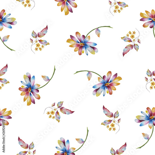  Watercolor seamless pattern with chamomile flowers and colorful leaves, on a white background. Wedding invitations, greeting cards, prints, textile design and so on.