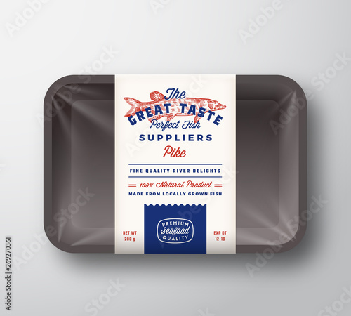 Great Taste Fish Suppliers Abstract Vector Rustic Packaging Design Label on Plastic Tray with Cellophane Cover. Retro Typography and Hand Drawn Pike Silhouette Vintage Background Layout.