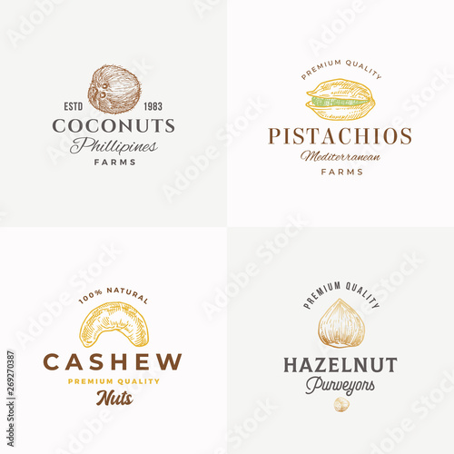 Premium Quality Nuts Abstract Vector Sign, Symbol or Logo Templates Collection. Cashew Nut, Coconut, Pistachio and Hazelnut Sillhouettes with Retro Typography. Vintage Emblems.