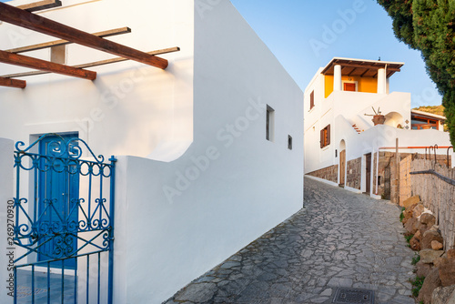 Fototapeta Naklejka Na Ścianę i Meble -  typical narrow streets on the island of panarea in sicily and in the foreground a fig tree