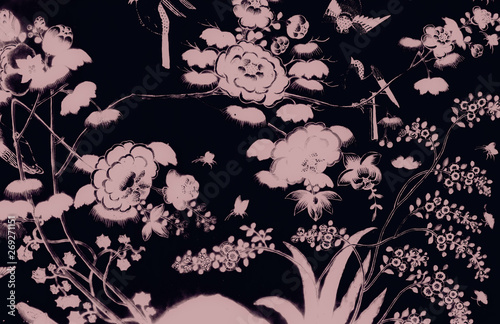 Fototapeta Naklejka Na Ścianę i Meble -  Beautiful tree bird and flowers art paintings color pink and black  illustration pattern background and wallpaper