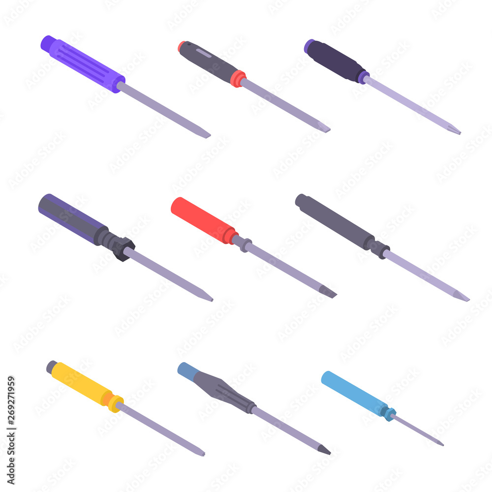 Screwdriver icons set. Isometric set of screwdriver vector icons for web design isolated on white background