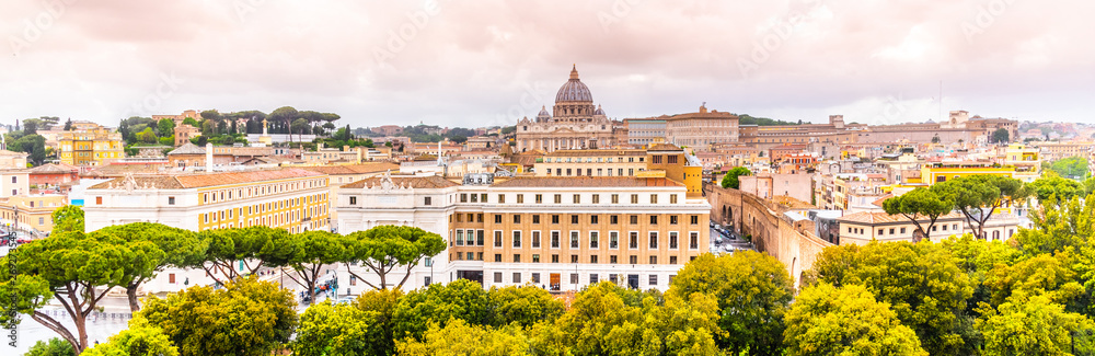 Vatican City with St. Peter's Basilica. Panoramic skyline view from Castel Sant'Angelo, Rome, Italy