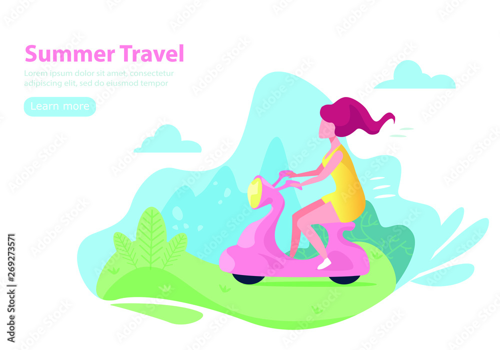 Girl on a scooter on the green landscape with hill and clouds. Flat vector concept illustration