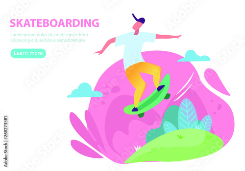 Skateboarding and riding in skate park and trainers. Extreme camp, summer extreme sports, kids extreme program concept. Bright vibrant violet vector isolated illustration