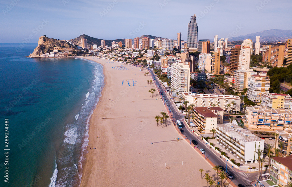 Aerial view of coast at Benidorm cityscape with a modern apartments
