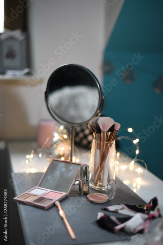 Fototapete Dressing table with mirror and makeup supplies