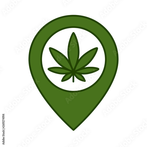 Marijuana leaf and map pointer. Isolated vector illustration on white background