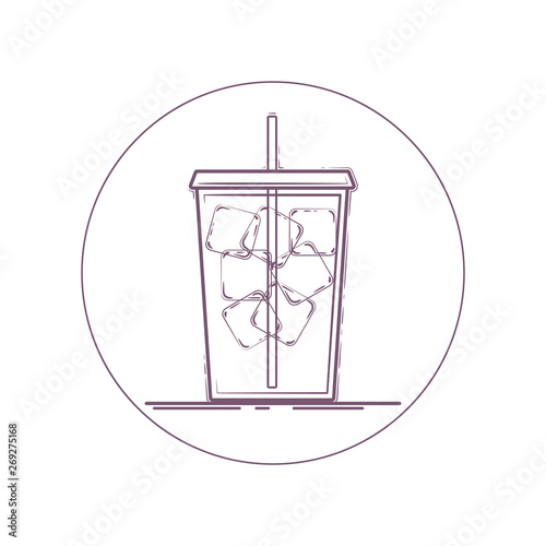 vector icon of ice drink in cup for take away. line icon in circle.